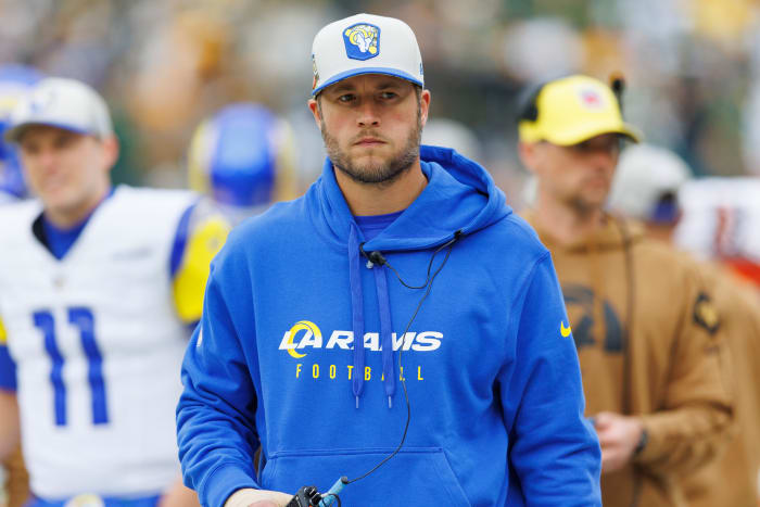 Los Angeles Rams quarterback Matthew Stafford looks on from the sidelines prior to the game against the Green Bay Packers at Lambeau Field.
